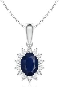 Angara Natural Blue Sapphire Pendant for Women | Oval Sapphire Pendant with Floral Diamond Halo in White Gold | September Birthday, Anniversary, Gemstone Jewelry Gift | A | 12x10mm