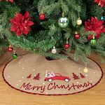 N&T NIETING Christmas Tree Skirt, 30 Inch Rustic Burlap Tree Skirt with Red Car and Letter Printed Christmas Tree Mat for Xmas Holiday Party Decoration