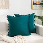 Amazon Brand - Umi Velvet Pompom Cushion Cover 16x16 Inch - Set of 2 Large Square Throw Pillow Covers for Sofa Living Room or Home Decor in Deep Teal Color