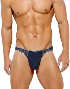 Casey Kevin Men's Thongs Underwear Sexy Lace G-String Bulge Pouch Breathable Panties Blue