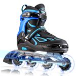 2PM SPORTS Vinal Girls Adjustable Flashing Inline Skates, All Wheels Light Up, Fun Illuminating Skates for Kids Men Adult Women and Boys - Blue Medium