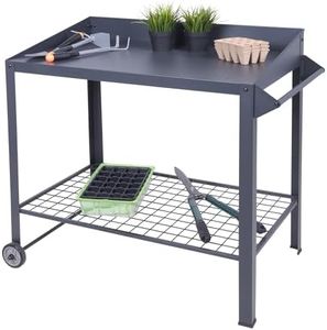 Spetebo Table de jardinage en métal sur roulettes - 90 x 55 cm - Table de jardinier avec étagère en grille - Table de travail de jardin avec étagère à roulettes