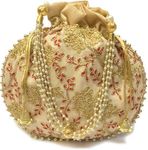 Rajasthani Style Royal Clutch Silk Batwa Bag Wristlets Ethnic Potli for Women's Zari Work Potli Bridal Potli (Cream)