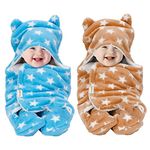 OYO BABY 3-in-1 Hooded Baby Blanket Wrapper Pack of 2 (Star Beige + Blue) Swaddle for New Born | All Season | 0-6 Months | Sleeping Bag | Nursing Baby Gifts | Bath Robe | Multipurpose Comforter