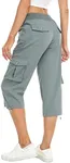 MISS MOLY Women's Cargo Capris Hiking Running Pants Loose Button Decor Lightweight Quick Dry Button Pockets XS Grey-Green