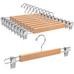 Amber Home 36cm Natural Wooden Pants Hangers 10pcs, Smooth Wood Skirt Hanger Organizer with Adjustable Anti-Slip Chrome Clips, Space Saving Solid Clothes Hangers Rack for Bottoms Jeans Slacks Trousers