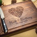 Walnut Artisan Personalized Cutting Boards, Custom Wedding, Anniversary, Engagement or Housewarming Gift Idea, Wood Engraved Charcuterie Board for Couples, Floral Heart Design 004