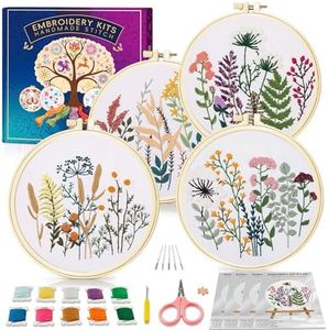 Huacan Embroidery Kit for Adults Beginner - Embroidery Kits 4 Pcs Stamped Stitch Practice Multiple Floral Designs Pattern with 4 Hoops, DIY Sewing Kit with Gift Box 7.9 x 7.9 Inch