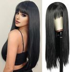 QUEENTAS 25'' Long Black Wig with Bangs Straight Wigs for Women Natural Synthetic Long Hair Glueless Wig