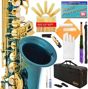 Lazarro Professional Sea Blue Body Gold Keys E-flat Eb Alto Saxophone Sax with 11 Reeds, Case, Music Book, Mouthpiece and Many Extras, 360-SB