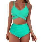 American Trends Women's Two Piece Swimsuits Athletic High Waisted Bathing Suits Halter Sporty Swimming Swimwear for Women, Green, 10-12