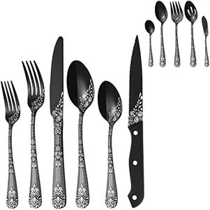 EUIRIO 53-Piece Black Silverware Set with Serving Utensils, Black Flatware Set for 8, Stainless Steel Mirror Cutlery Set, Spoons Forks Knives with Unique Floral Laser, Tableware Set, Dishwasher Safe