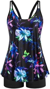 Arolina Plus Size Bathing Suits for Women Tummy Control Tankini Summer Print Elegant Swimsuits Black Blue Lilies 18W
