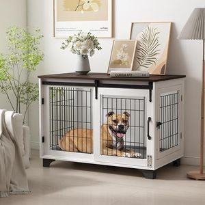 Piskyet Dog Crate Furniture Barn Door Dog Crate for Large Dogs Up to 60 lbs,Sliding Door Dog Crate Modern Decorative End Side Table Nightstand