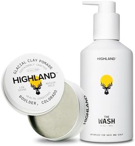 Highland Natural Hair Care Bundle – Glacial Clay Pomade (Medium Hold, Matte Finish, 9 Botanical Ingredients) + The Wash Botanical Cleanser (Caffeine, Protein-Rich, Hydrating, Sulfate-Free)