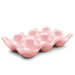 Flexzion Ceramic Egg Holder for Fridge - 6 Cups Egg Tray Half Dozen Porcelain Container Keeper Storage Organizer Decorative Serving Dish Serveware for Refrigerator Countertop Display Kitchen (Pink)