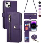 ELTEKER Phone Case Compatible with iPhone 15 Crossbody Lanyard Case Wallet with Shoulder Strap, [9 Card Slots] RFID Blocking Zipper Pocket Leather Flip Kickstand Case for iPhone 15 (6.1")-Purple