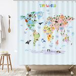 BASHOM BSC-615 Animal World Map Shower Curtain set for Kids baby boys girls Waterproof washable Decorative Bathroom 71''x71'' (180x180cm) Polyester Fabric with 12 Hooks Colourful educational country