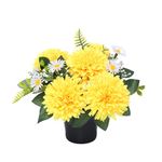 NEW IMPROVED DESIGN WITH FOAM INSERT | 25cm Grave Flower Pots | Artificial Flowers For Graves | Cemetery & Floral Decorations | Grave Flowers Cemetery Flowers | YELLOW/ORANGE CHRYSANTHEMUM