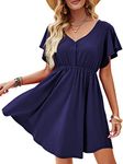 Beluring Women Summer Lovely Soft Dresses V Neck Ruffle Short Sleeve Swing Dress Navy Blue Size 22-24