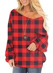 RANPHEE Buffalo Plaid Shirt Womens Christmas Long Sleeve Tops Off One Shoulder Pullover Slouchy Baggy Sweater Casual Sweatshirts M