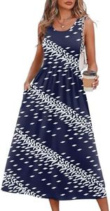 WIHOLL Summer Dresses for Women Beach Vacation Flowy Spring Casual Dress Midi Maxi Dresses Sundresses Vintage Navy Print XL