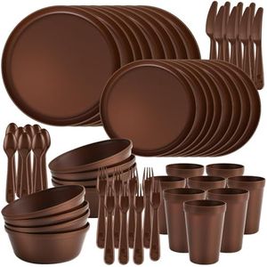 ZIVONA Kids Plates and Bowls Set, 40-Piece Unbreakable Kids Dinnerware Set for Toddlers & Children, BPA-Free PP Plastic Plates, Bowls, Cups & Cutlery, Microwave & Dishwasher Safe, Brown Service for 8