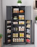 Yusong Tall Kitchen Pantry Storage Cabinet with Doors and Shelves, Wooden Food Pantry Farmhouse Cupboard Freestanding Buffet for Kitchen Dining Living Room, Grey