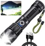 Rechargeable LED Flashlight, Powerful Tactical Flashlights 100000 High Lumens, Brightest Torch Light with 5 Modes, Zoomable, Waterproof, High Power Flashlight for Camping, Dog Walking, Emergencies