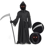 Spooktacular Creations Child Unisex Black Grim Reaper Costume, Creepy Reaper Costume with Gloves Scythe Light-Up Glasses for Boys Halloween Dress up, Role-Playing M(8-10 yrs)