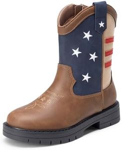 DREAM PAIRS Boys Girls Cowboy Boots Kids Toddler Western Riding Mid Calf Boots with Side Zipper,Size 5 Big Kid,Brown/Navy,KKUMMB2504