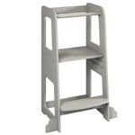URBNLIVING 90cm Tall Grey Wooden Kitchen Step Kids Toddler Baby Learning Tower for Counter Bathroom Sink Anti-Slip Stool Protection Helper with Safety Protective Rail Durable & Lightweight