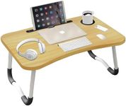 Adjustable Laptop Bed Table Lap Standing Desk, Sofa Breakfast Bed Tray Folding Laptop Lap Desk Cup Holder Notebook Stand Steel Legs For Reading Writing Working, Wooden , 60x40x28cm, M, PPW126
