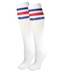 Premium Striped Adult Knee High Tall Athletic Skater Tube Socks, White With Blue and Red Stripes, Large