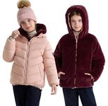 maoo garden Girls Winter Reversible Puffer Jacket Kids Heavyweight Faux-Down Fuzzy Fleece Lined Water-Resistant Coat Pink 12Y