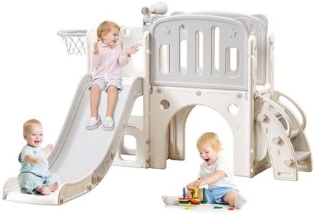 YUYUE 8 in 1 Toddler Slide for Toddlers Age 1-3, Extra-Long Slide with Basketball Hoop Indoor and Outdoor Baby Climber Playset Playground Freestanding Slide (Medium, White+Grey)