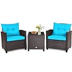 Happygrill 3 Pieces Patio Furniture Set Outdoor Furniture Rattan Wicker Chairs and Table Set, Balcony Porch Conversation Set with Washable Cushions & Tempered Glass Coffee Table