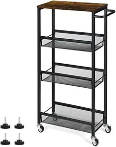 4 Tier Slim Rolling Cart, Narrow Shelf Storage Cart for Small Space, Slide Out Narrow Cart with Wooden Top, Metal Handle and Wire Mesh for Narrow Space on Kitchen, Bathroom, Laundry Room, Black.