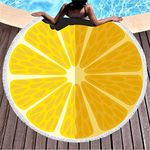 Round Beach Towel Oversized , 59" Circle Beach Blanket with Tassel , Microfiber Round Beach Towel with Fringe , Large Picnic Yoga Mat Kids Play Area Rug , Tropical Fruits Swim Pool Towels (Lemon)