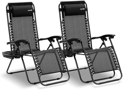 SereneLife Zero Gravity Chairs Set of 2 - Adjustable Steel Mesh Lawn Chairs - Outdoor Lounge Chairs with Detachable Cup Holder Tray - Foldable Outdoor Chair with Removable Pillows - Black
