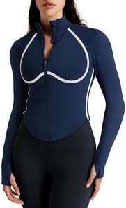 colorskin Women Cropped Jacket Contrast Seam Workout Zip Up Athletic Jacket Yoga Sportswear with Thumb Holes Mineral Blue XXL