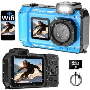 SPUNALP UHD 8K Underwater Camera, 70MP 33FT WiFi Waterproof Digital Camera with 64GB Card, Auto Focus Waterproof Dual-Screen Selfie 2500mAh Battery, 18X Floatable Digital for Snorkeling, Blue
