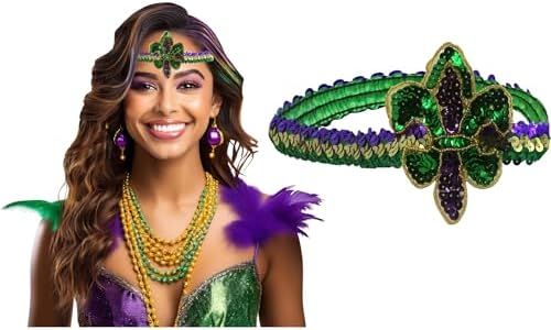 Nicky Bigs Novelties Mardi Gras Fleur de lis Headband - Sequin Hair or Hat Band for New Orleans Masquerade Mask Sequin Fascinators Purple Yellow Gold Green, Adjustable