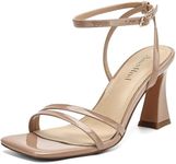 AIUNIIND Heeled Sandals for Women Chunky Block High Heels Square Open Toe Sandals with Ankle Strap 3 Inch Dress Heels Comfortable Patent Leather Nude 9