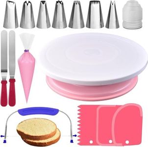 RFAQK 35PCs Cake Turntable and Leveler-Rotating Cake Stand with Non Slip pad-7 Icing Tips and 20 Bags- Straight & Offset Spatula-3 Scraper Set -EBook-Cake Decorating Supplies Kit -Baking Tools