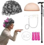 Santoy Old Grandma Wig Costume Set for Women and Girls - Perfect for 100th Day of School, Halloween Cosplay, Includes Lady Granny Gray Wig, Cane and Other Accessories for Adults and Kids