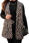 WDIRARA Women's Plus Size Plaid Button Open Front Sleeveless Blazer Jacket Leopard Print Brown Black 1XL