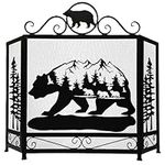 Rustic Decorative Scenic Black Bear Cut Out Fireplace Screen in Black Cabin Lodge Home Decoration (Rustic Bear Cutout Mountain Scenery)