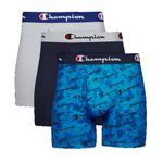 Underwear Boxer Briefs, Everyday Active, Lightweight Stretch, 3-Pack, Blue Print with Champion Logo/Navy/Silverstone - 3 Pack, XX-Large