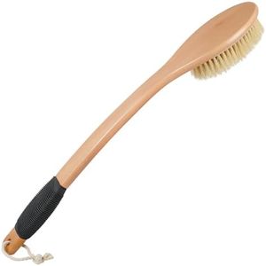 OWIIZI Back Scrubber Brush for Shower, Long Stiff Bristle Body Bath Brushes, Wooden Curved Long Handle Skin Exfoliator for Men Women Wet or Dry Use